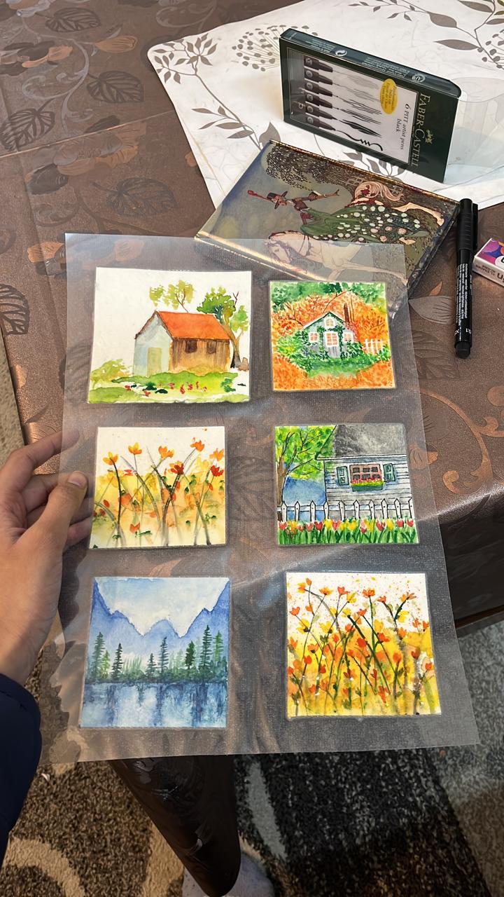 Six miniature paintings of houses, flowers, and mountains