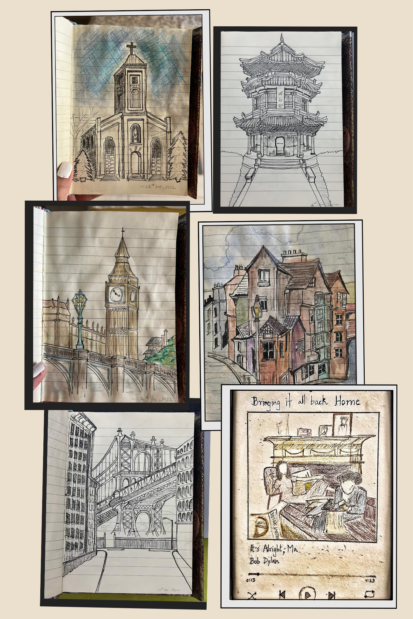 A collage of Aditi's architectural and illustrated sketches